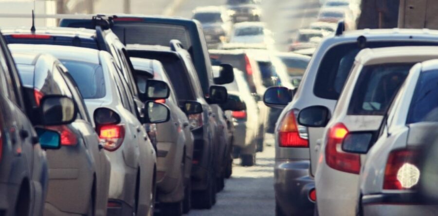 Multiple vehicles heading in the same direction in traffic jam