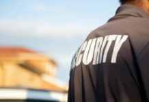 Security guard with back to camera wearing polo shirt marked 'Security'.