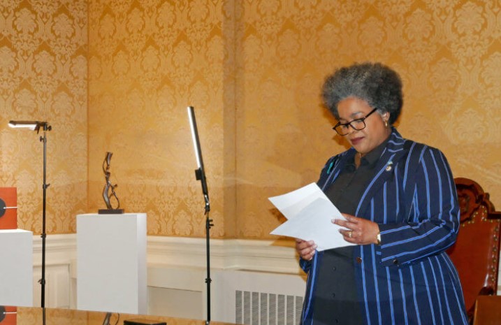 Permanent Representative of St. Lucia, Elizabeth Darius-Clarke speaking during the presentation of art to the Art Museum of the Americas.