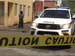 Armed officer stands near parked police vehicle at crime scene in Saint Lucia.