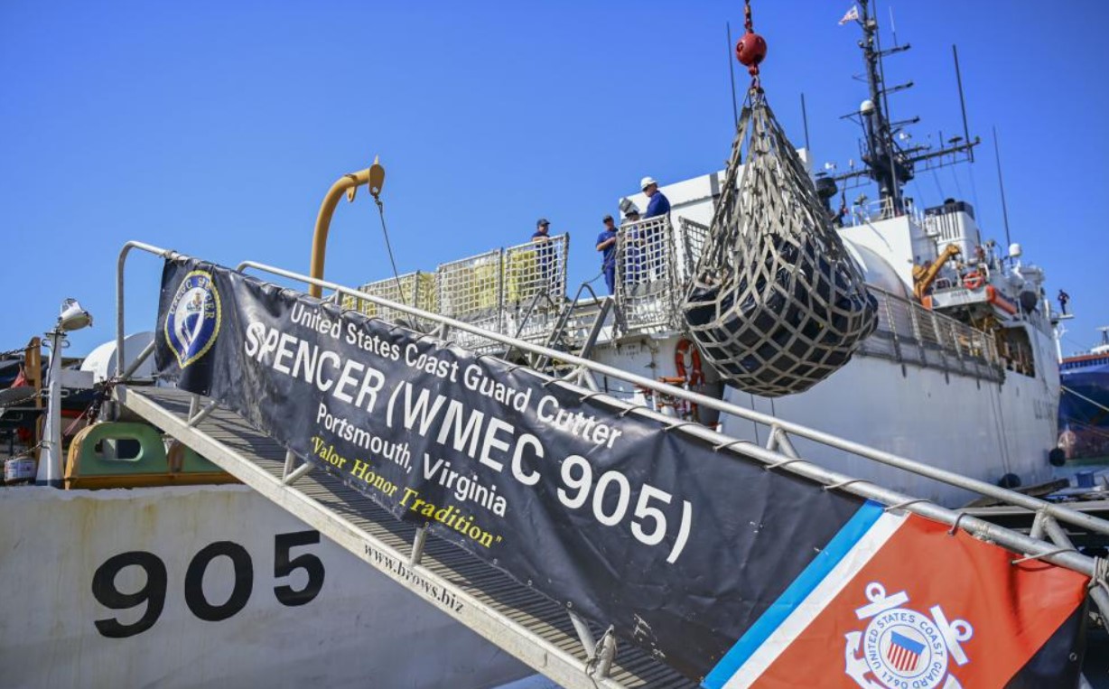 United States Coast Guard offloads cocaine seized in the Caribbean sea and Atlantic ocean.