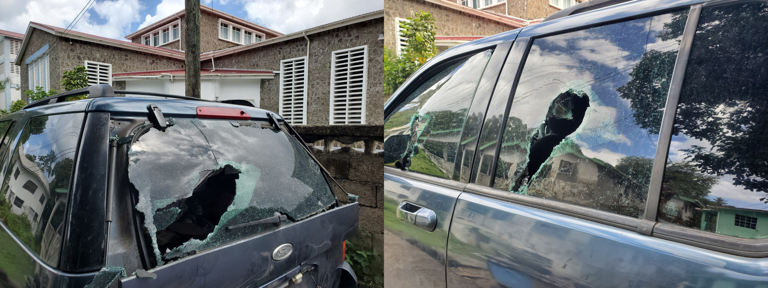 Vehicle vandalised at La Clery with back and front windscreens and side windows smashed.