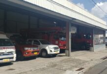 Parked fire service vehicles at Saint Lucia Fire Service Headquarters in Castries.
