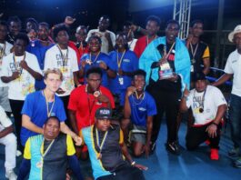 Saint Lucia boxin team poses for photo after emerging overall winner at Caribbean Boxing Tournament.