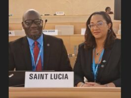 Health Minister Moses Jn Baptiste and Chief Medical Officer Dr. Sharon Belmar-George at the World Health Assembly in Geneva.