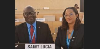 Health Minister Moses Jn Baptiste and Chief Medical Officer Dr. Sharon Belmar-George at the World Health Assembly in Geneva.