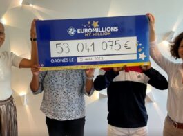 Euromillion jackpot winners conceal their identity behind huge cheque for over 53 million euros.