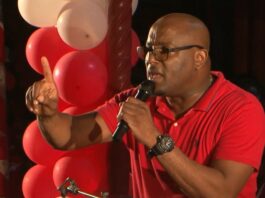 Shawn Edward addresses Saint Lucia Labour Party Market Steps rally.
