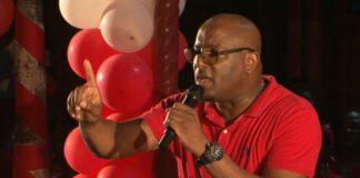 Shawn Edward addresses Saint Lucia Labour Party Market Steps rally.