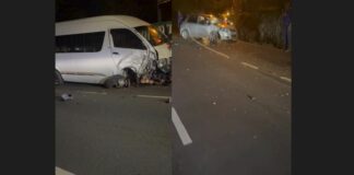 Split screen image of damaged minibus (L) and Suzuki SX4 after colliding at Corinth, Gros Islet.