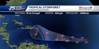 Weather map showing forecast path for Tropical Storm Bret.