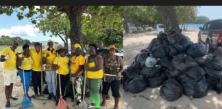 Split screen of bags of garbage and United Workers Party officials engaged in Vigie beach cleanup.