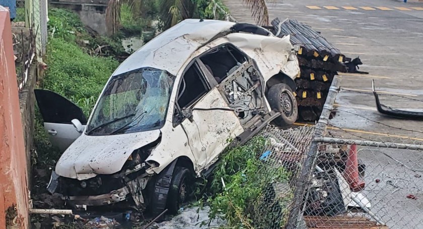 Mangled wreck of vehicle after Fatal accident at Bois D'Orange.