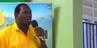 Lenard Montoute addresses UWP Town Hall meeting in Babonneau.