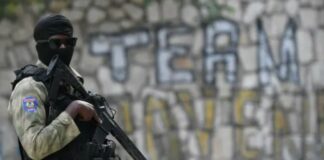 Armed officer patrols streets of Haiti.