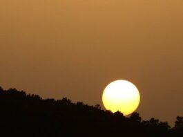 Sun setting in an amber sky due to dust haze.