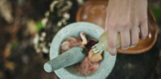 Making of traditional medicine with mortar and pestle.