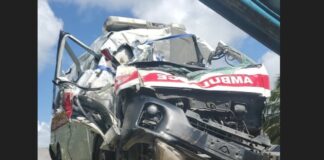Mangled metal of ambulance after crash in Dennery.