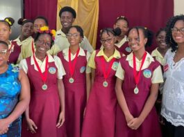 Soufriere young Caribbean scientists pose with teachers.