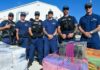 United States Coast Guard personnel pose behind stacks of seized illegal drugs.