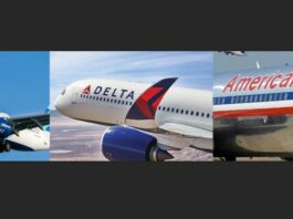 Collage of American Airlines, Delta and JetBlue aircraft.