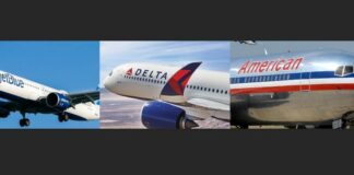 Collage of American Airlines, Delta and JetBlue aircraft.