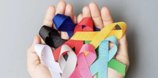 Two open hands display coloured cancer support ribbons.