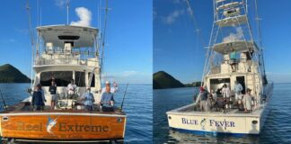 Bill fishing boats Reel Extreme and Blue fever side by side in photo collage.