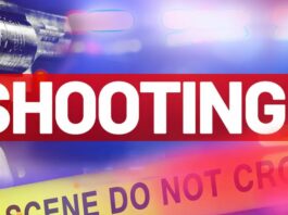 Graphic artwork of a revolver against a blue background and red lettering saying 'shooting' above a yellow police crime scene tape.