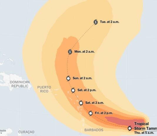 Forecast track map for Tropical Storm Tammy.