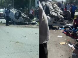 Photo collage of overturned vehicle after Gros Islet accident and emergency responders tending to one of the accident victims.