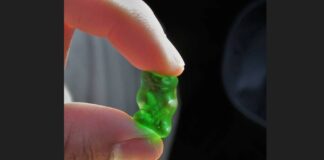 Man's thumb and index finger hold up a gummy bear piece of candy.