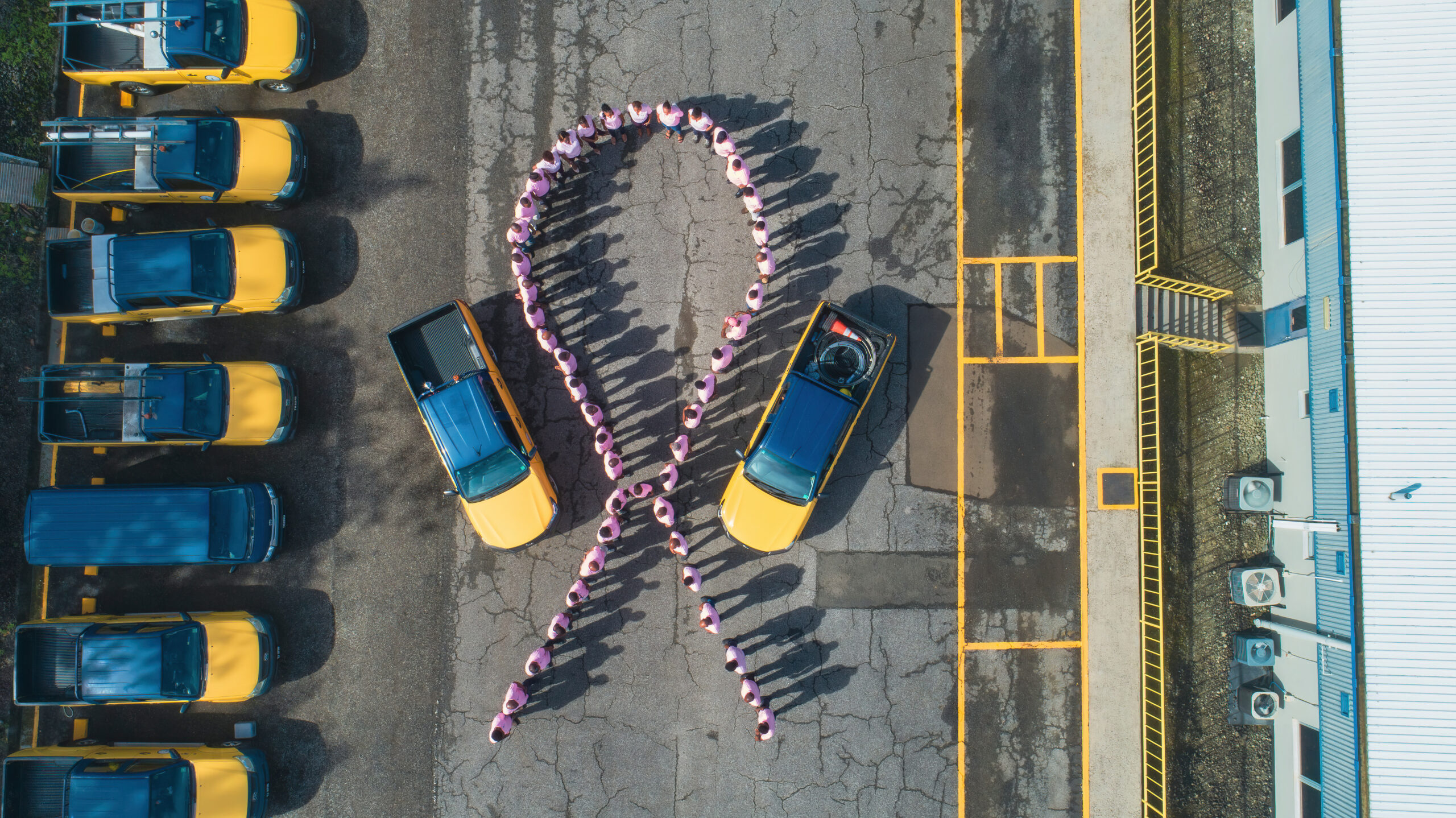 Ariel view of LUCELEC staff dressed in pink in ribbon formation.