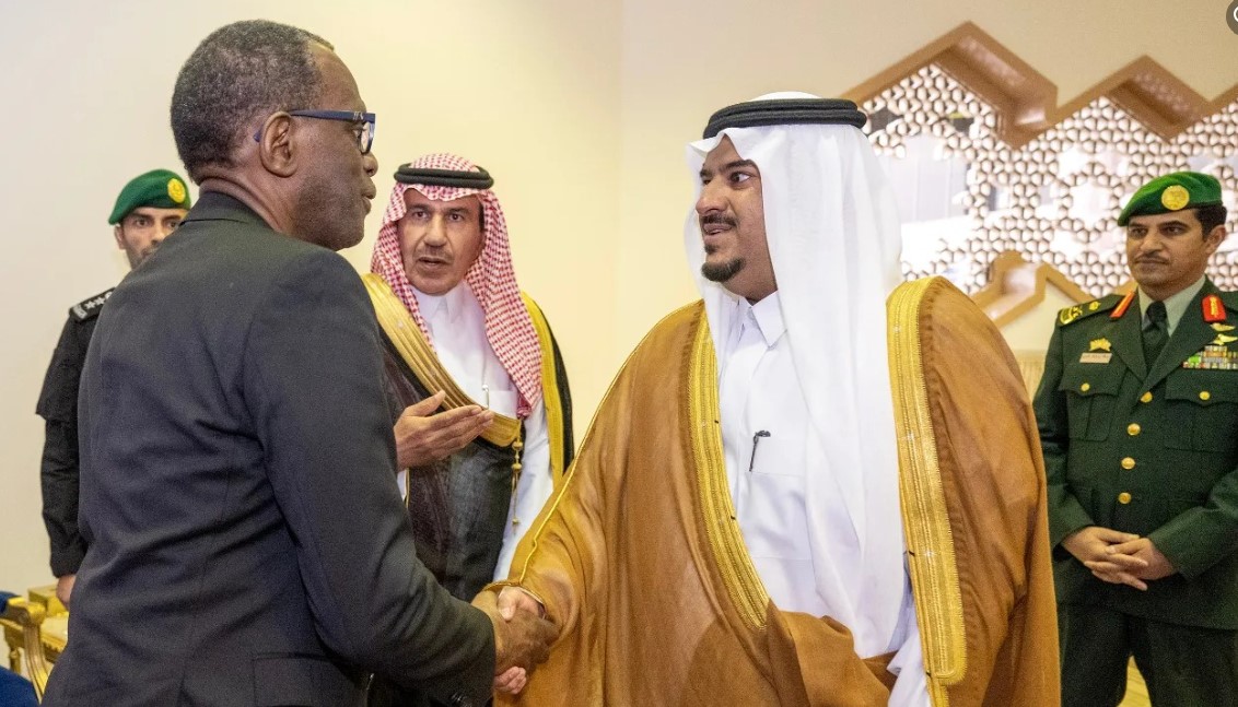 Saudi officials greet Saint Lucia's Prime Minister Philip J. Pierre on his arrival in Riyahd for the Saudi-CARICOM summit.