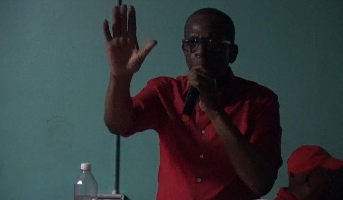 Philip J. Pierre addresses Laborie meeting of the ruling Saint Lucia Labour Party.