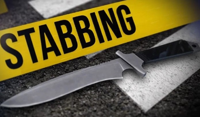 Graphic art of knife with black handle against background of yellow caution tape with the 'Stabbing' in black letters.