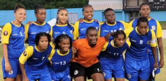 Team of young Saint Lucia women footballers pose for photo.
