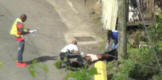 Police investigators on the scene near body of man officers fatally shot in Choiseul.