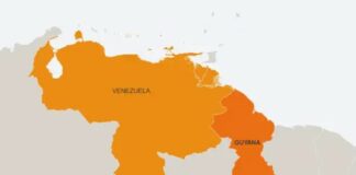 Map showing Guyana and Venezuela.