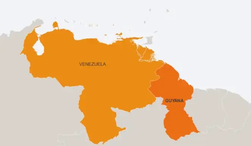 Map showing Guyana and Venezuela.