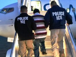 US Immigration officers escort an illegal immigrant aboard a chartered aircraft for deportation.