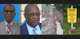 Photo collage of Prime Minister Philip J. Pierre, Infrastructure Minister Stephenson King, deteriorating Guyabois Road and road sign urging caution.