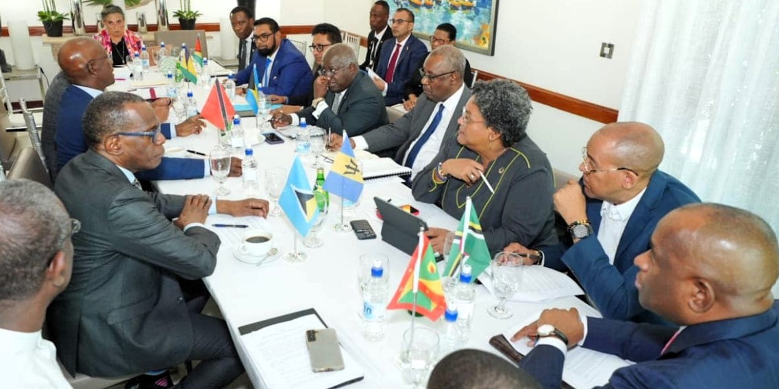 Prime Minister Philip J. Pierre and other Caribbean leaders at Saint Vincent and the Grenadines meeting to discuss Guyana-Venezuela border controversy.
