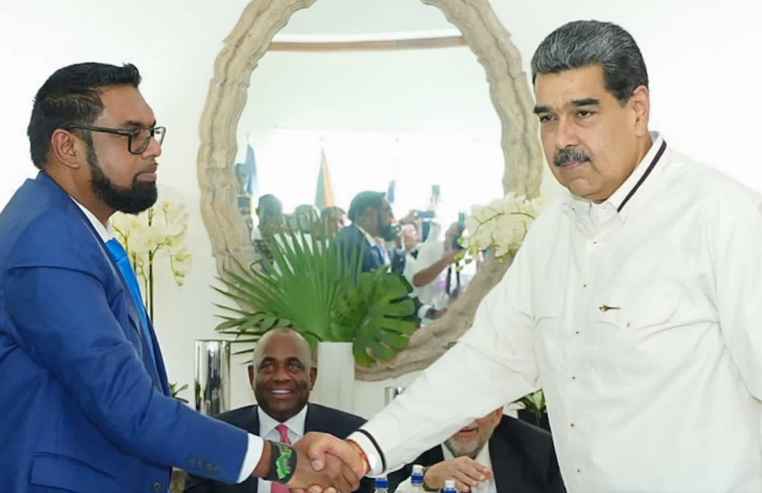 Presidents Ali and Maduro shake hands.