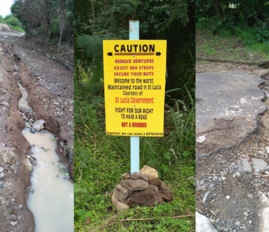 Photo collage of Guyabois Road caution sign and deteriorating road conditions.