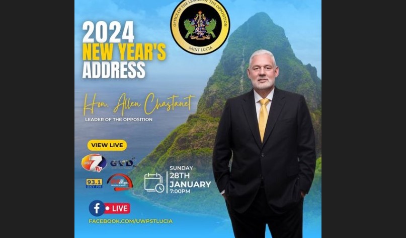 Flyer with Allen Chastanet's photo announcing his 2024 New Year's address to the nation.