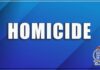 The word 'homicide' written in white against a blue background and the police logo printed on the bottom right.