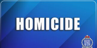 The word 'homicide' written in white against a blue background and the police logo printed on the bottom right.