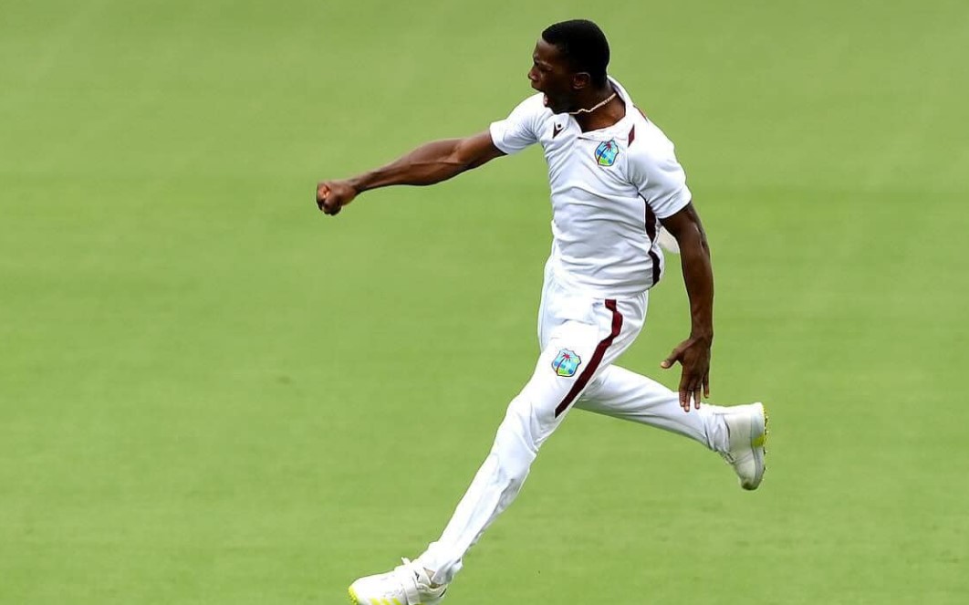 Shamar Joseph celebrates after taking a wicket in the historic test win over Australia.