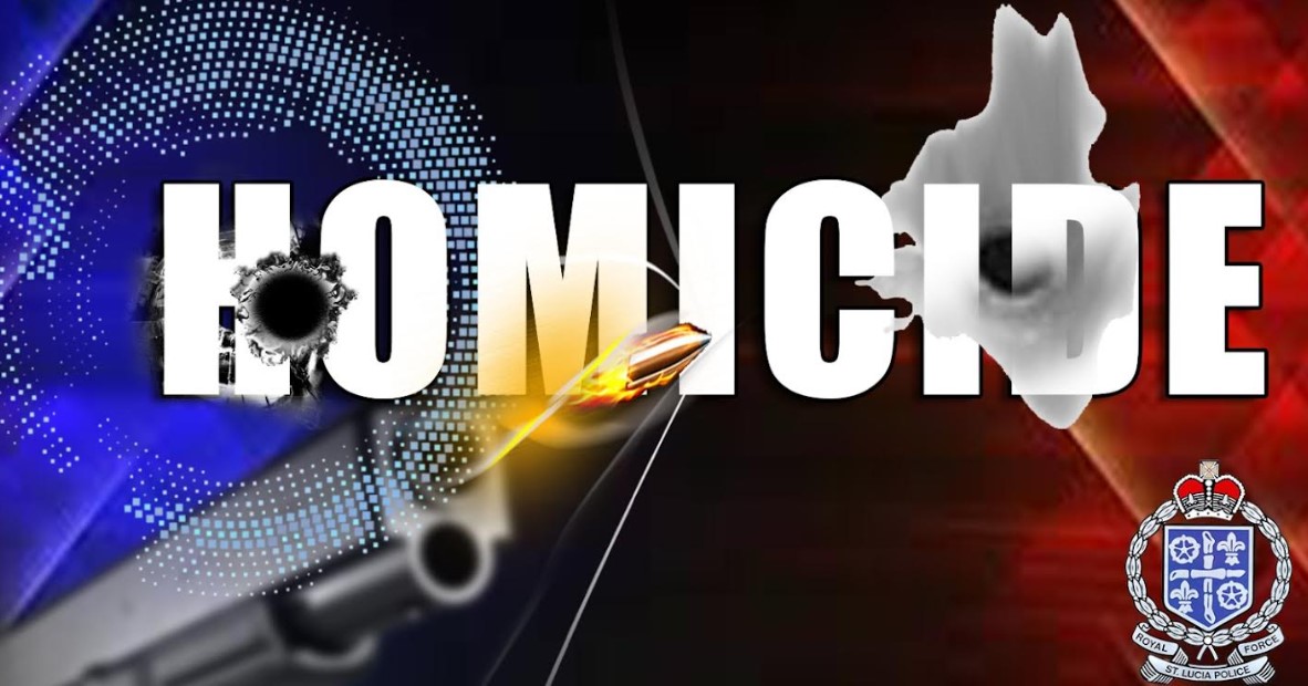 Graphic art of the word 'Homicide' with a handgun and bullet in the background.